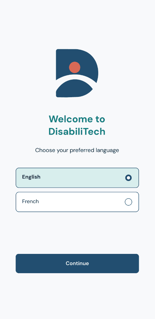 DisabiliTech mobile app welcome screen showing the brand logo and language selection between English and French with high-contrast radio buttons.